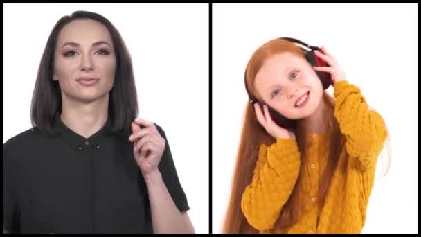 Kolaż Młodej Wesołej Matki Noszącej Słuchawki Cieszące Się Muzyką Córką — Wideo stockowe