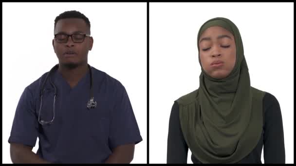 Koláž Afrických Mladých Lidí Kteří Zakrývali Oči Dlaněmi Izolovaný Bílém — Stock video