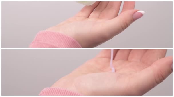 Женские Руки Применяют Антибактериальное Жидкое Мыло Крупным Планом Здравоохранение Гигиена — стоковое видео