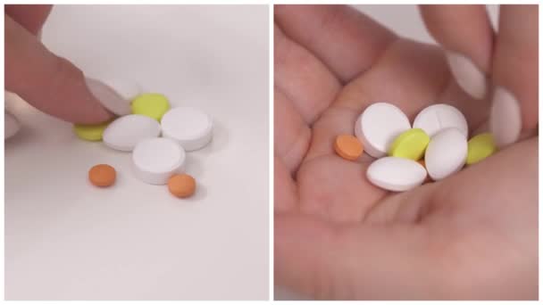 Koláž Pilulek Ruce Izolované Bílém Pozadí Žena Bere Léky Lékařský — Stock video