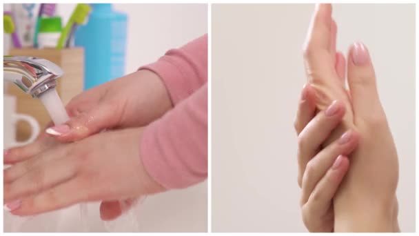 Colagem Mãos Femininas Lavando Com Água Conceito Higiene Medidas Preventivas — Vídeo de Stock