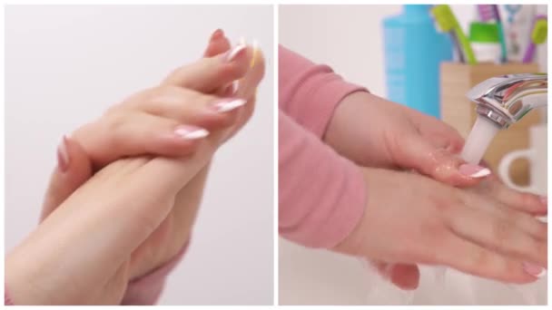 Koláž Ženy Která Myje Ruce Pod Kohoutkem Vodou Koncept Koronavirových — Stock video
