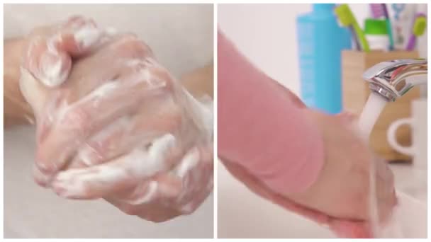 Colagem Mãos Ensaboadas Femininas Mulher Lavando Mãos Com Água Conceito — Vídeo de Stock