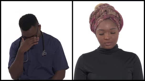 Collage Vertical Hombre Mujer Jóvenes Africanos Expresando Pesar Emoción Gente — Vídeos de Stock
