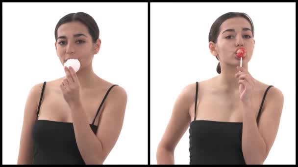 Verticale Collage Van Een Mooie Jonge Vrouw Met Een Lolly — Stockvideo