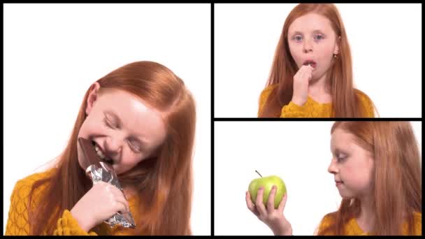 魅力的な女子高生がお菓子を食べる 緑の目をしたセクシーな髪の少女のクローズアップ 隔離された白い背景にコラージュ — ストック動画