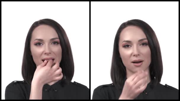 若い魅力的な女性の垂直コラージュナッツを食べる 健康的な栄養コンセプト 隔離された白い背景に — ストック動画