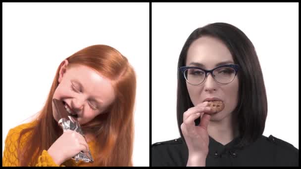 母亲和女儿手持和品尝甜饼干和巧克力的大学生活 面包店和糖果 孤立的 白种人背景 — 图库视频影像