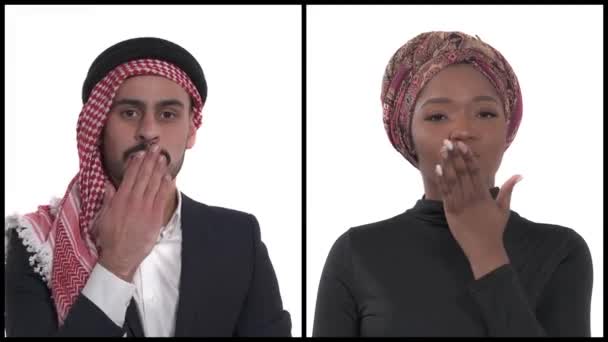 Вертикальний Колаж Багаторасових Молодих Людей Посилають Повітряний Поцілунок Мова Тіла — стокове відео