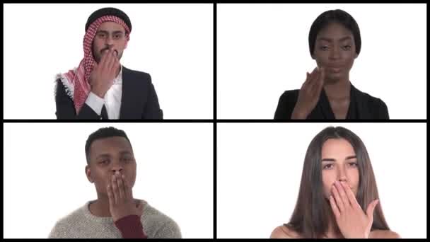 Коллаж Четырех Тысячелетий Многорасовых Счастливых Людей Посылающих Воздушные Поцелуи Язык — стоковое видео