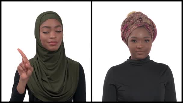 Vertikalt Collage Två Unga Afrikanska Kvinnor Etniska Islamiska Huvudbonader Som — Stockvideo