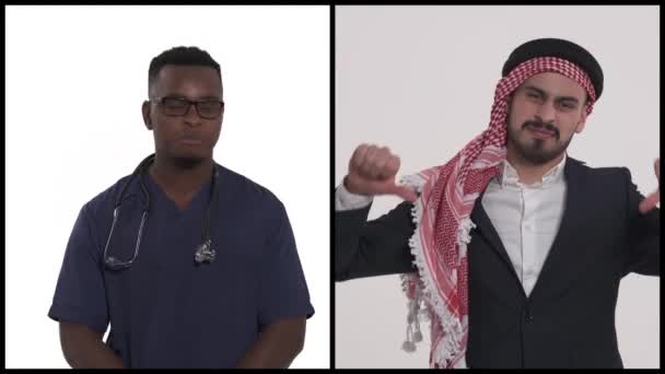 令人失望的阿拉伯和非洲千禧年男人的大拇指下垂 真正的情感表达 手势的概念 孤立无援 背景为白色 纵向拼贴 — 图库视频影像