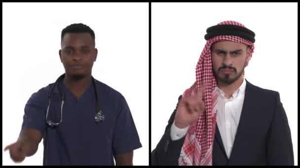 两个多种族男子的垂直拼贴显示没有使用食指的迹象 身体语言的概念 在白色背景下孤立无援 — 图库视频影像