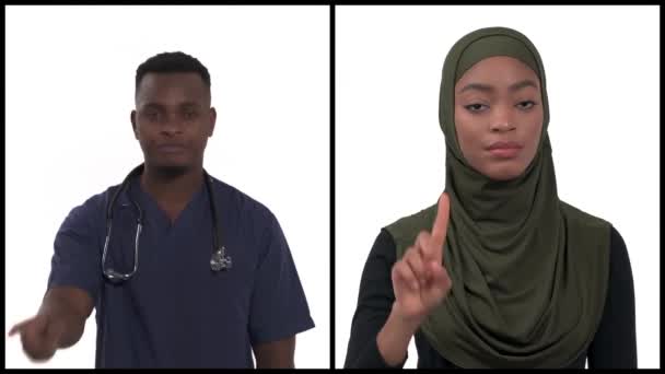 Вертикальный Коллаж Двух Молодых Африканцев Показывающих Отказ Указательного Пальца Концепция — стоковое видео