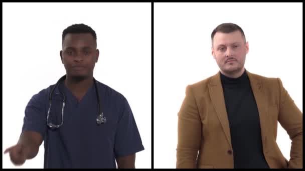 两个多种族男子的垂直拼贴显示没有使用食指的迹象 停止符号 身体语言和手势概念 — 图库视频影像