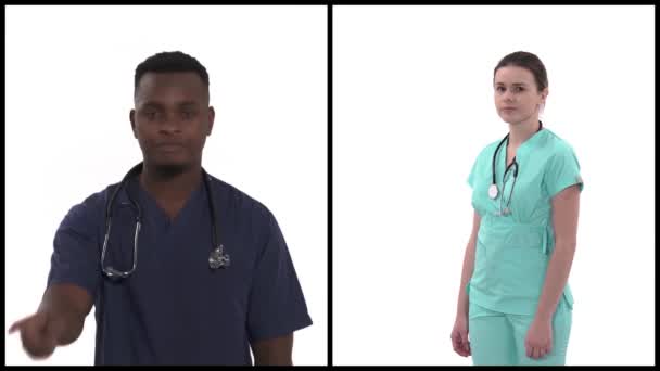 Vertikale Collage Von Multirassischen Ärzten Professionellen Medizinischen Mänteln Die Geste — Stockvideo