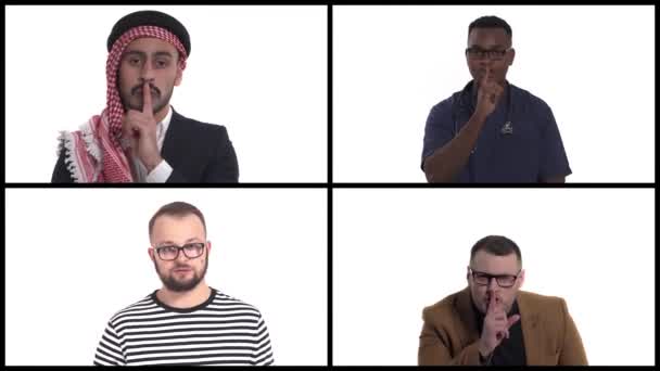 Pohlední Mladí Muži Demonstrující Znamení Mlčení Udržet Tajný Koncept Ššš — Stock video