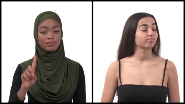 Collage Vertical Dos Hermosas Mujeres Multirraciales Que Expresan Rechazo Con — Vídeo de stock