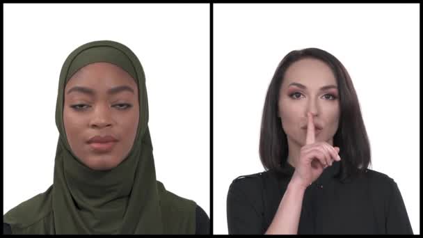 Vertikal Kolase Dari Dua Indah Multiras Perempuan Menunjukkan Shh Isyarat — Stok Video