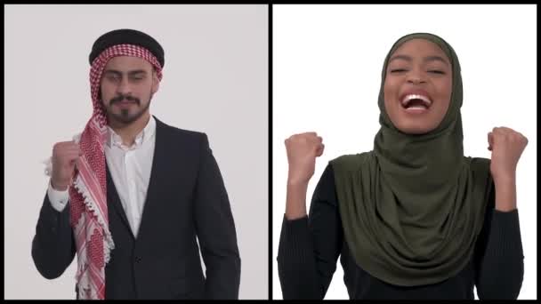 Primer Plano Dos Jóvenes Musulmanes Que Muestran Emociones Éxito Gesto — Vídeo de stock
