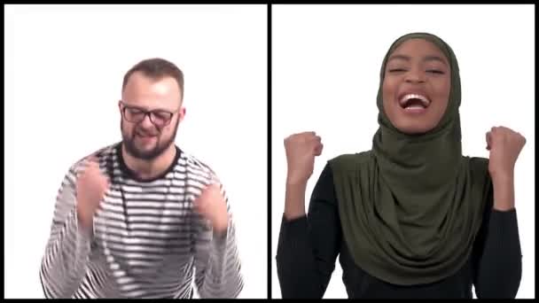 Afrikansk Amerikansk Kvinna Och Vit Man Som Uttrycker Positiva Känslor — Stockvideo