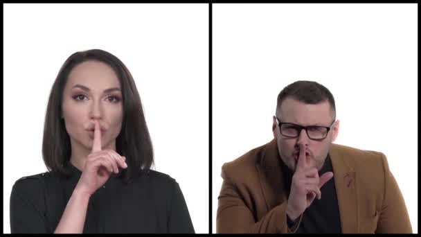幸福的年轻夫妇举手表决沉默手势的垂直拼贴 保守秘密的概念身体语言 — 图库视频影像