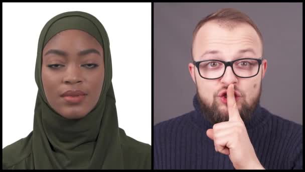 年轻的多种族男女用食指捂住嘴唇要求沉默的纵向拼贴 保守秘密的概念身体语言 — 图库视频影像
