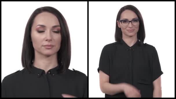 Frau Mit Brille Posiert Vor Der Kamera Das Weibliche Model — Stockvideo