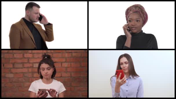 四个多种族年轻人用智能手机拼凑在一起 现代小玩意的使用理念 在白色背景下孤立无援 — 图库视频影像