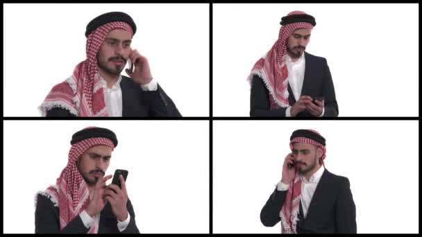Collage Ung Arabisk Man Keffiyeh Talar Över Smartphone Affärsman Använder — Stockvideo