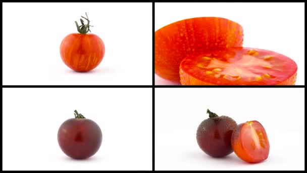 白い背景に隔離されたトマト 選抜成績 トマトの品種 黒とストライプのトマトの回転 — ストック動画