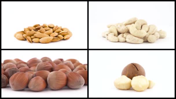 Koláž Oloupané Loupané Sbírky Ořechů Rotující Bílém Pozadí Makadamie Mandle — Stock video