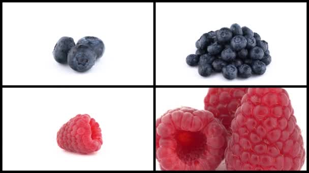 Collage Fresh Tasty Raspberry Bilberry Berries Rotating Demonstration Single Juicy — Stock Video