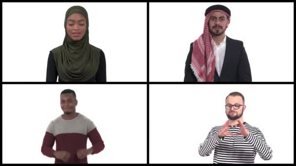 Collage Multiraciale Unge Mennesker Lægge Hænder Hjerteform Kropssprogkoncept Isoleret Hvid – Stock-video