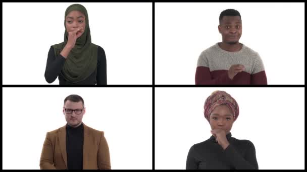 口を閉じて4人の多人種の若者のコラージュ 友人は秘密を守ることができる ジェスチャーコンセプト — ストック動画