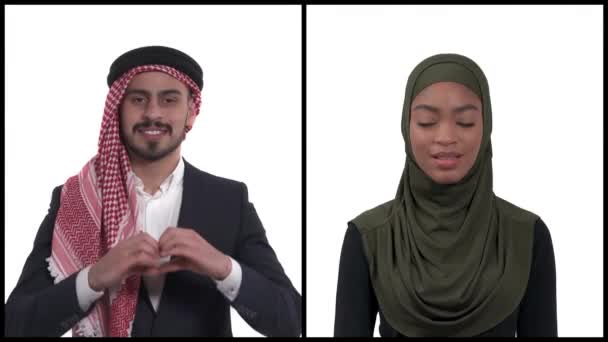Vertikalt Collage Multiracial Tusenårig Par Forma Händer Hjärtform Kärlekskoncept Kroppsspråk — Stockvideo
