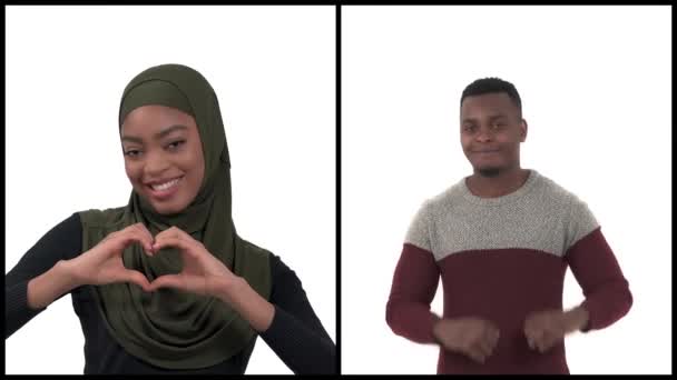 一对快乐的非洲裔美国夫妇的垂直拼贴 他们的手是心形的 爱的概念 身体语言 — 图库视频影像