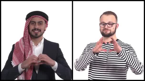 Lodret Collage Smukke Unge Mænd Lægge Hænder Hjerteform Kropssprog Fagter – Stock-video