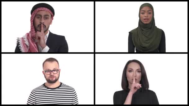 Κολάζ Τεσσάρων Γοητευτικών Νέων Που Κρατούν Δείκτη Στα Χείλη Ζητώντας — Αρχείο Βίντεο