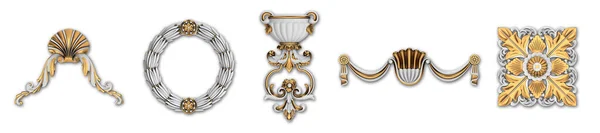 白の背景に隔離されたレトロなスタイルの黄金と白のスタッコ装飾要素 — ストック写真