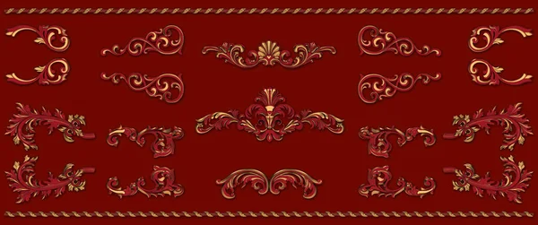 一套五颜六色的红色和金色古董复古风格设计装饰品和装饰品 — 图库照片