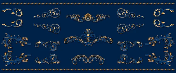 二色の青と黄金のアンティークレトロなスタイルの装飾品や装飾品のセット — ストック写真