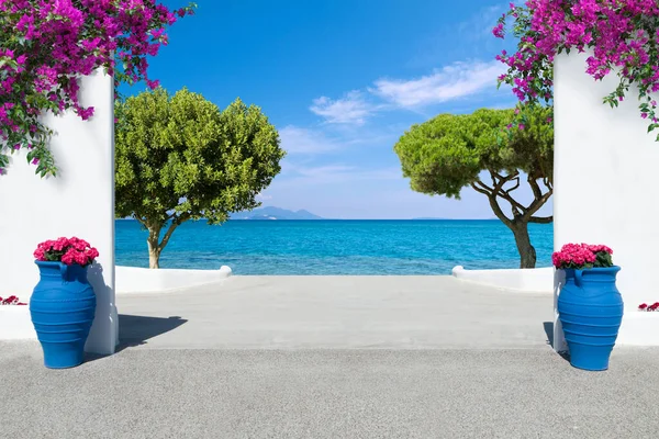 Akdeniz Manzarası Beyaz Duvarlı Çiçek Açan Saksılar Begonviller Yunanistan Ağaçlar — Stok fotoğraf