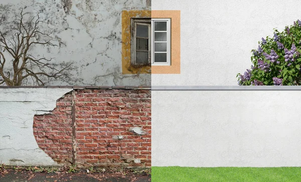 Vista Esterna Una Vecchia Casa Fatiscente Con Muro Nel Giardino — Foto Stock