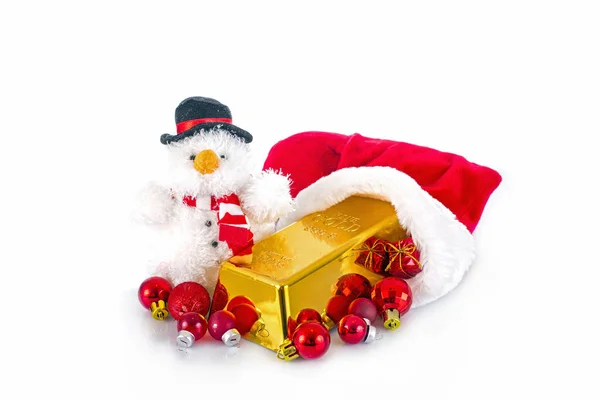 Χρυσή Μπάρα Μπότα Από Τον Άγιο Βασίλη Χριστουγεννιάτικες Μπάλες Λευκό — Φωτογραφία Αρχείου