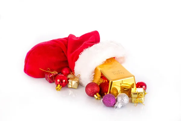 Guldtacka Känga Från Santa Claus Med Julbollar Vit Bakgrund — Stockfoto