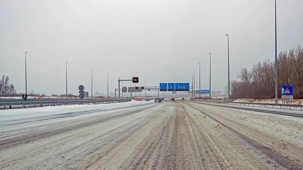 Driving Snowstorm Highway Amsterdam Netherlands Winter — Stock Photo, Image
