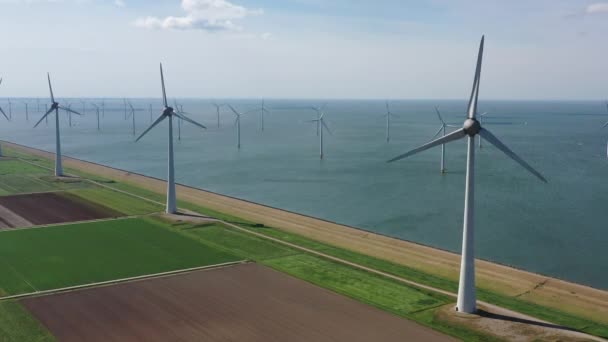 Aerial Wind Turbines Ijsselmeer Netherlands — стоковое видео