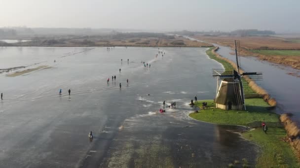 Aerial Ice Skating Windmill Friesland Netherlands Winter — Stok video