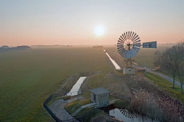 Aerial American Windmill Countryside Friesland Netherlands Sunset — Stock Photo, Image